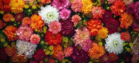 Fototapeta na wymiar Flowers wall background with amazing red,orange,pink,purple,green