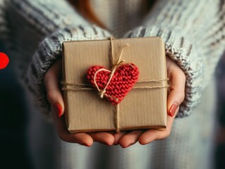 Girl holding a gift in their hands. Box with surprise on the wooden background. A gift for the holidays. Love story. Surprise. Present for Valentine's Day