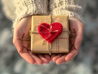 Girl holding a gift in their hands. Box with surprise on the wooden background. A gift for the holidays. Love story. Surprise. Present for Valentine's Day