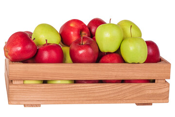 Red and green apples isolate. Fruits, healthy food. Ripe apples in a wooden box.