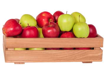 Red and green apples isolate. Fruits, healthy food. Ripe apples in a wooden box.