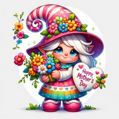 Girl Gnome with flowers , happy mother's day gnome