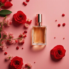 perfume bottle on a table with flowers