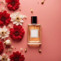 perfume bottle on a table with flowers