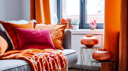 vibrant interior design with colored sofa and cushions - generative AI