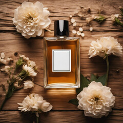 perfume bottle on a table with flowers