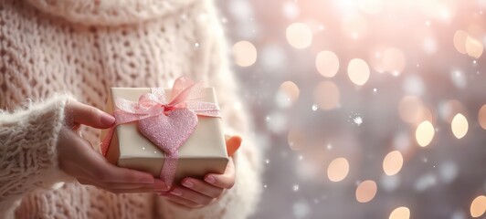 Valentine gift. Beauty Woman hands holding Gift box with red bow over holiday background with glowing hearts bokeh, close-up. pastel colors