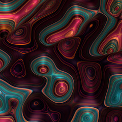 Abstract, fluid and colorful 3D background texture. Modern and contemporary feel. Metallic, iridescent and reflective with shades of green, orange, magenta, black, yellow