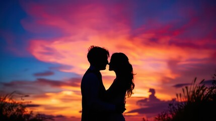 Silhouette of the guy and the girl who standing face to face on the shore of the ocean on the background of the sky with an orange tinge