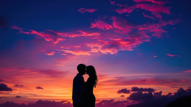 Silhouette of the guy and the girl who standing face to face on the shore of the ocean on the background of the sky with an orange tinge