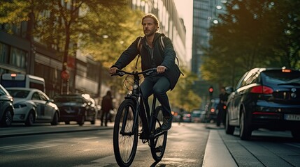 Man Riding Bike Down City Street, Earth Day