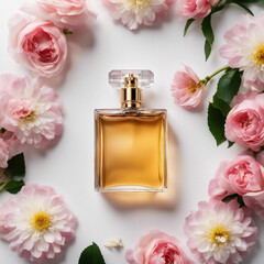 perfume bottle on a table with flowers