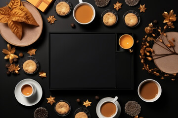 Top view of gift boxes, cups of coffee, cookies and holiday decorations on the black background. Cyber Monday, Black Friday, Christmas sale background with copy space. Online holiday shopping concept.