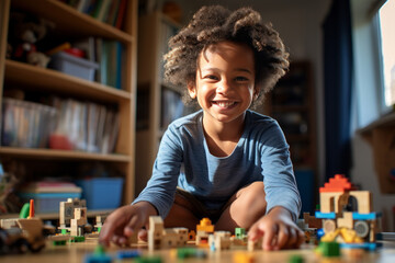 A little African American boy sits at the table in his cozy room and plays with a construction set. Happy smart kid assembling a model of toy city with houses, cars and people. Play and learn concept.