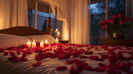 Romantic Rose Petal Trail in a Twilight Bedroom