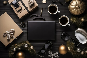 Top view of gift boxes, cups of coffee, spruce branch and decorations on the black background. Cyber Monday, Black Friday, Christmas sale background with copy space. Online holiday shopping concept.