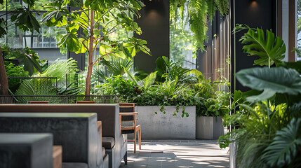 Vegetação exuberante verde transborda modernos vasos de concreto criando um contraste natural com as linhas elegantes e acentos metálicos frescos do espaço urbano