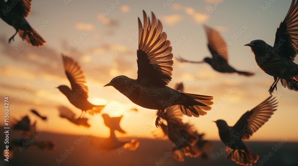 Poster a mesmerizing symphony of starlings in dynamic flight formation - ai-generative
