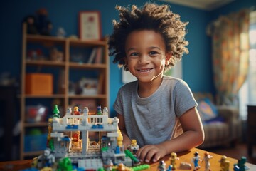 A little African American boy sits at the table in his cozy room and plays with a construction set. Happy smart kid assembling a model of toy city with houses, cars and people. Play and learn concept. - obrazy, fototapety, plakaty