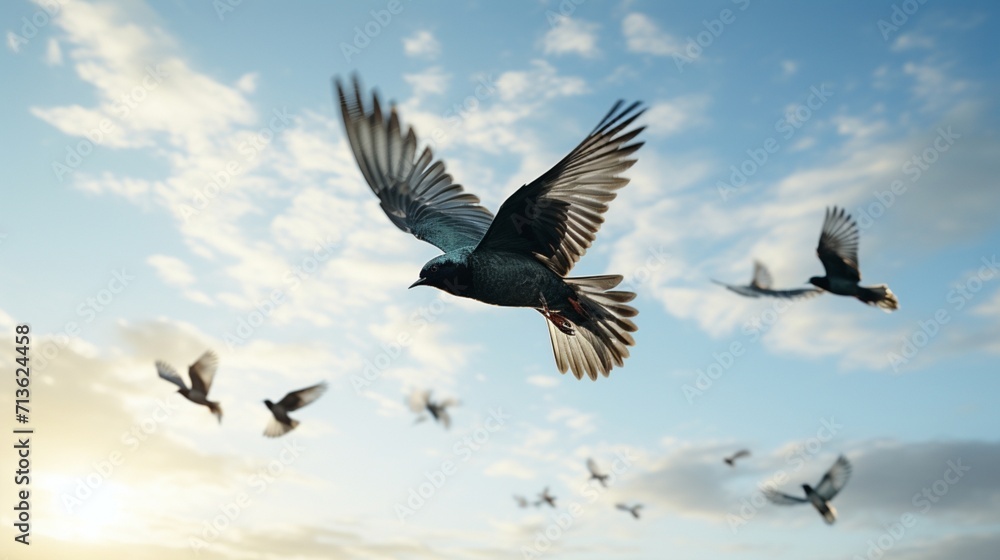 Poster a mesmerizing symphony of starlings in dynamic flight formation - ai-generative