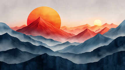 Stylized Sunset Over Textured Mountain Range