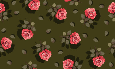 Seamless pattern red rose flowers with shadow. nature background.