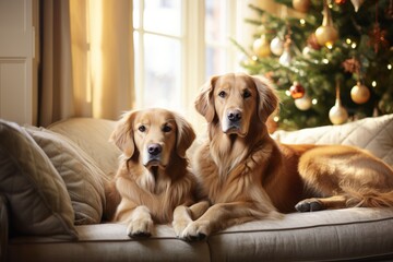 Two cute golden retriever dogs lying on a sofa near Christmas tree in cozy living room. Anticipation of the New Year holidays.