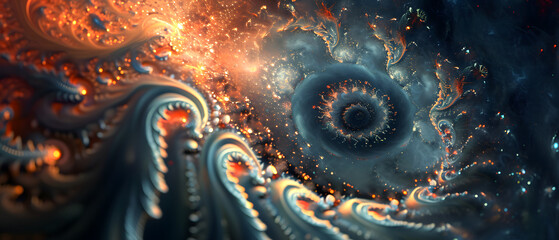 A mesmerizing masterpiece of abstract art, swirling with fiery intensity and intricate fractal patterns, evoking a sense of chaotic beauty and infinite possibility - obrazy, fototapety, plakaty