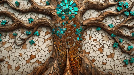 Fantasy-themed 3D mural on wooden oak with white lattice tiles, tree with kaleidoscopic leaves in turquoise, blue, brown, chamfered gold. - obrazy, fototapety, plakaty