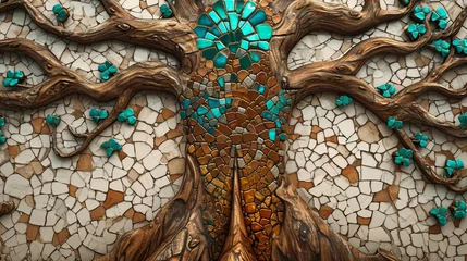 Poster Aquarel doodshoofd Fantasy-themed 3D mural on wooden oak with white lattice tiles, tree with kaleidoscopic leaves in turquoise, blue, brown, chamfered gold.