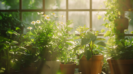 Folhagem exuberante e verde transborda das bordas de vasos de cerâmica criando uma atmosfera calma e natural em uma sala iluminada pelo sol