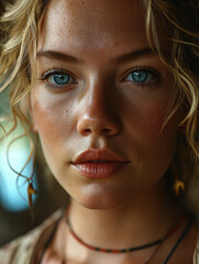 AI-Generated Portrait of Beautiful Blonde Woman with Blue Eyes