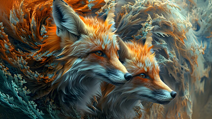 A vibrant painting captures the mesmerizing gaze of two swift and cunning foxes, exuding a sense of wild grace and untamed beauty in their animalistic form - obrazy, fototapety, plakaty