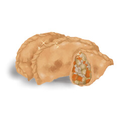 An illustration of Pastel which is a savory dessert from Indonesia made of flour dough with vegetables and chicken meat filling. Cooked by frying.