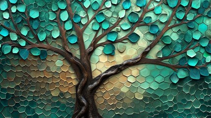 Elegant tree mural in 3D, leaves in shades of turquoise, blue, amidst a brown dreamy background, green hexagon pattern.