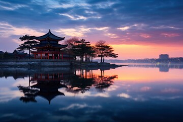 Obraz premium Serene Sunset With Lake and Pagoda