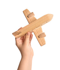 Female hand with wooden plane on white background, closeup