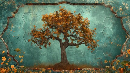 Majestic tree in a 3D mural frame, mix of turquoise, blue, brown leaves, tranquil setting, green hexagon, floral background.