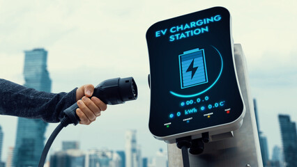 Hand pull and hold EV charger from charging station for with city horizon and sky background....