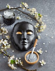 Black clay cosmetic mask with almond spring flower decoration on gray background with copy space. Natural cosmetics with organic products