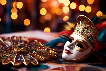 Colorful detail of a carnival mask on a surface, ready to liven up the party. Close-up of vibrant carnival mask standing out on a festive surface.