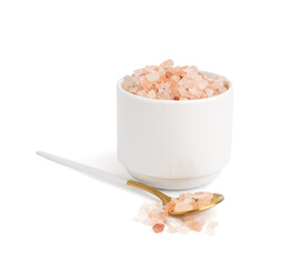 Bowl and spoon with pink Himalayan salt on white background