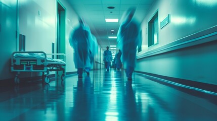 A long exposure shot capturing the bustling movement of medical staff along a hospital corridor