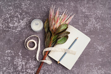 Composition with beautiful pink protea flower, candle and notebook on grunge background