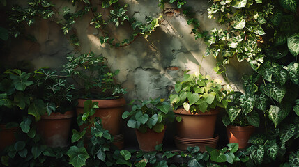 Folhagem verde exuberante transborda das bordas de vasos rústicos de terracota criando uma sensação de abundância e vitalidade natural