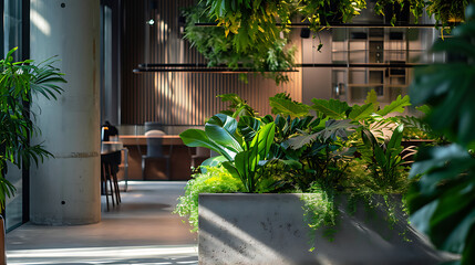 Fototapeta na wymiar Folhagem exuberante derrama sobre as bordas de elegantes plantadores minimalistas criando um impressionante contraste contra o pano de fundo da moderna arquitetura urbana