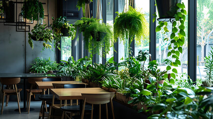 Folhagem exuberante derrama sobre as bordas de elegantes plantadores minimalistas criando um impressionante contraste contra o pano de fundo da moderna arquitetura urbana