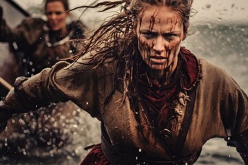Obraz premium Bold female viking: a glimpse into the fierce world of Nordic shieldmaidens, showcasing strength, bravery, and the untold stories of Viking warrior women in the pages of history and myth.