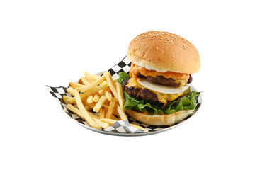 hamburgers and fries with a white background