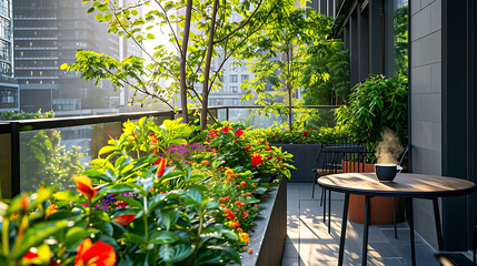 Folhagem verde exuberante derrama sobre as bordas de modernos plantadores adicionando um toque de beleza natural a uma varanda urbana